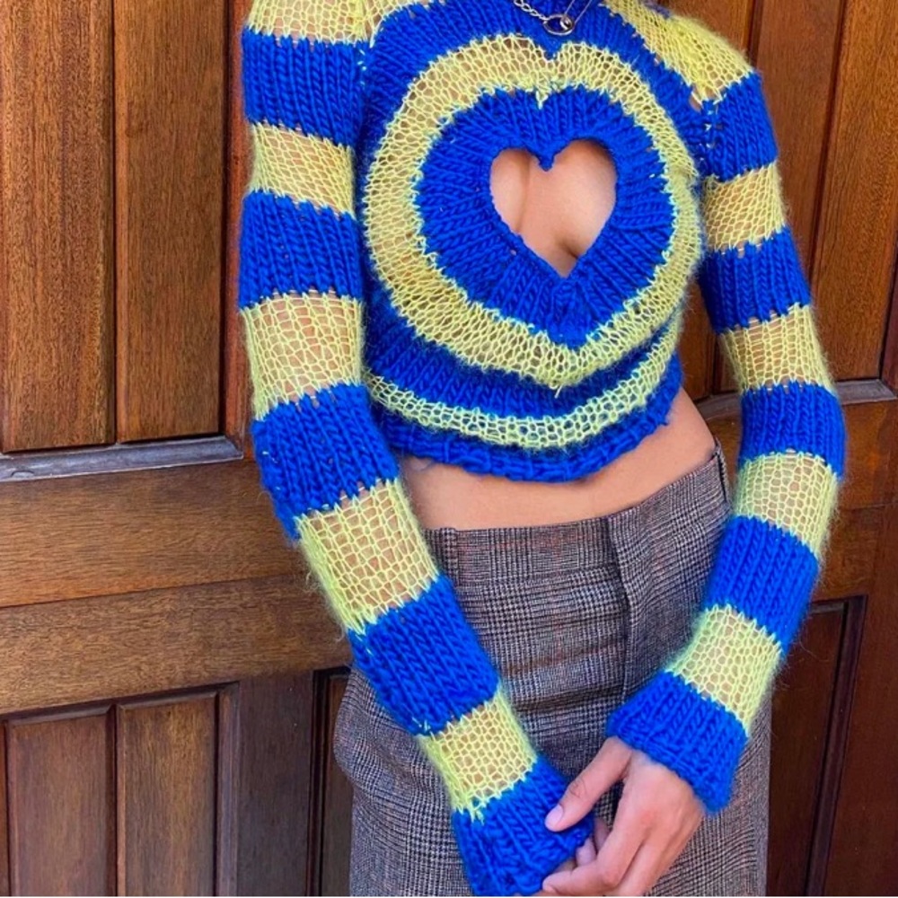 Lirika Matoshi Yellow and Blue Crew Neck Sweater with Heart Motif